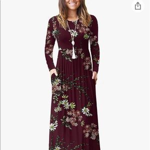 Maroon long sleeve flower dress with pockets
